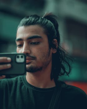 A young man with a ponytail using a smartphone outdoors during the day.