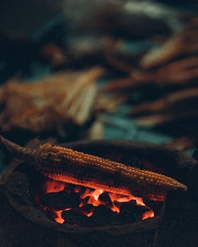 Close-up of corn grilling over a glowing charcoal fire, creating a cozy nighttime ambiance.