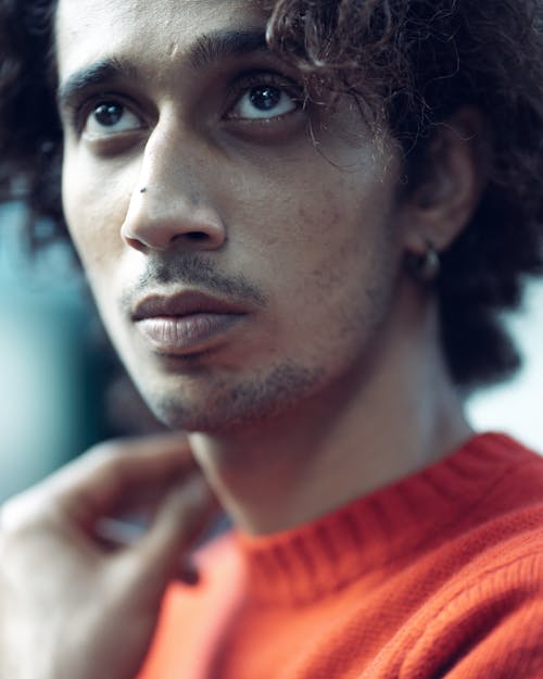 Close-up Shot of a Man Face Looking Up