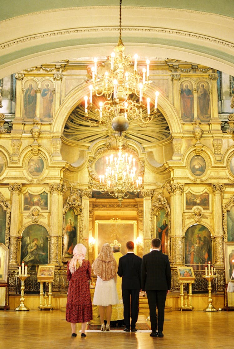 People Standing In Front Of Altar In Saint Andrews Cathedral In Saint Petersburg, Russia