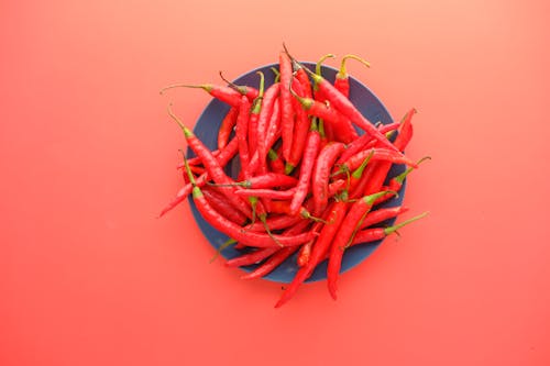 Red Chili Peppers on Blue Round Plate