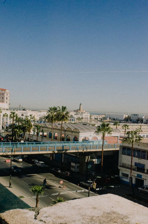 Free Aerial view of Algiers cityscape with overpass and urban architecture under clear blue sky. Stock Photo