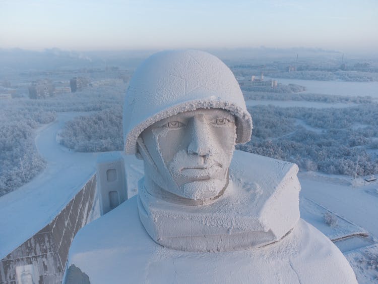 Snow Covered Statue In Close-up Photography