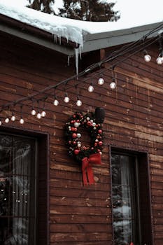 A festive Christmas wreath decorates a snow-covered wooden house in Bukovel, Ukraine, creating a cozy winter atmosphere.