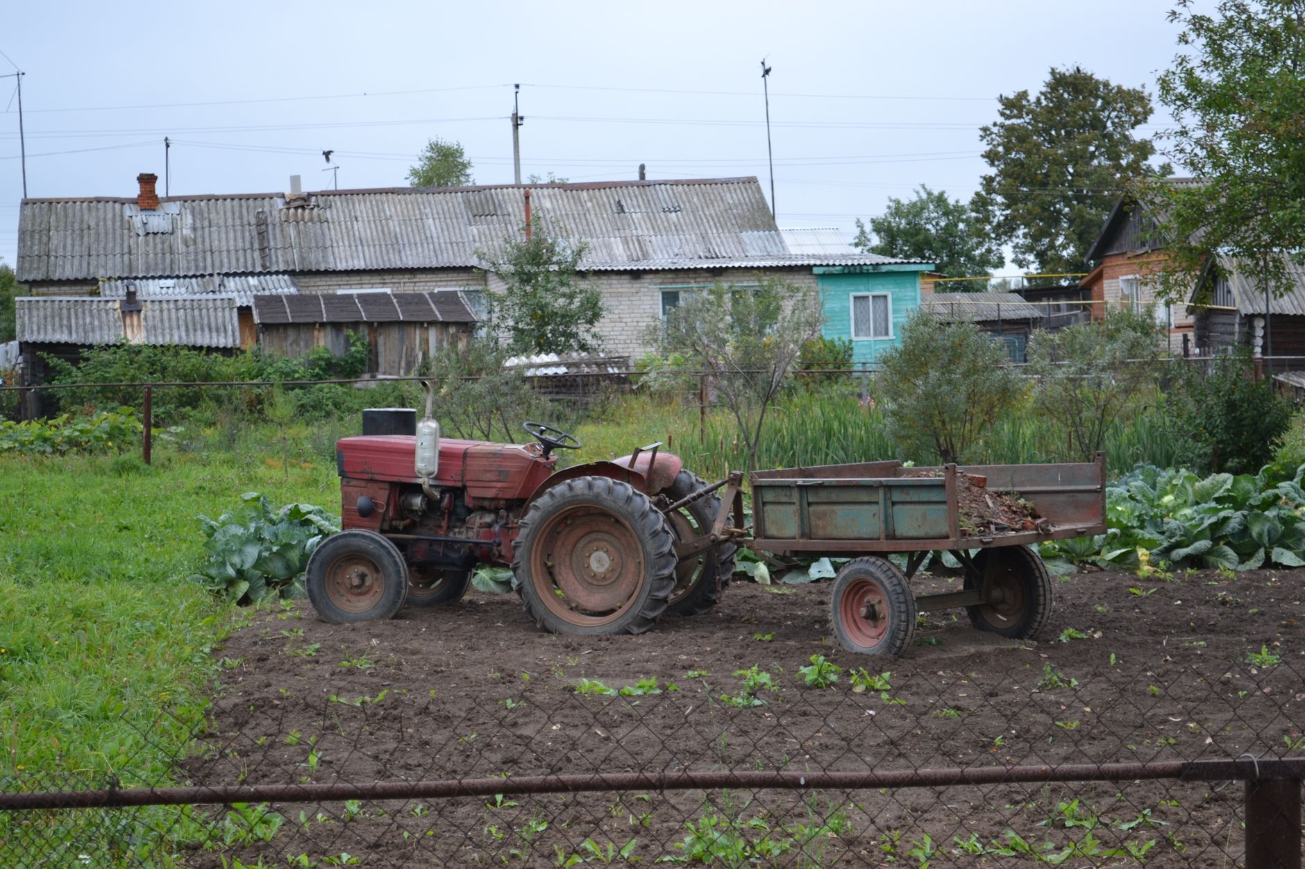 A vintage tractor parked in a rural backyard with old houses and green vegetation.