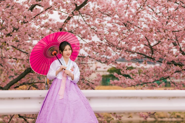 Woman In Hanbok Dress Holding Umbrella