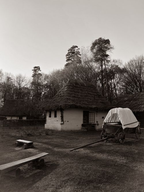 Free Monochrome image of a traditional village in Sibiu, Romania featuring a thatched-roof house and wooden cart. Stock Photo