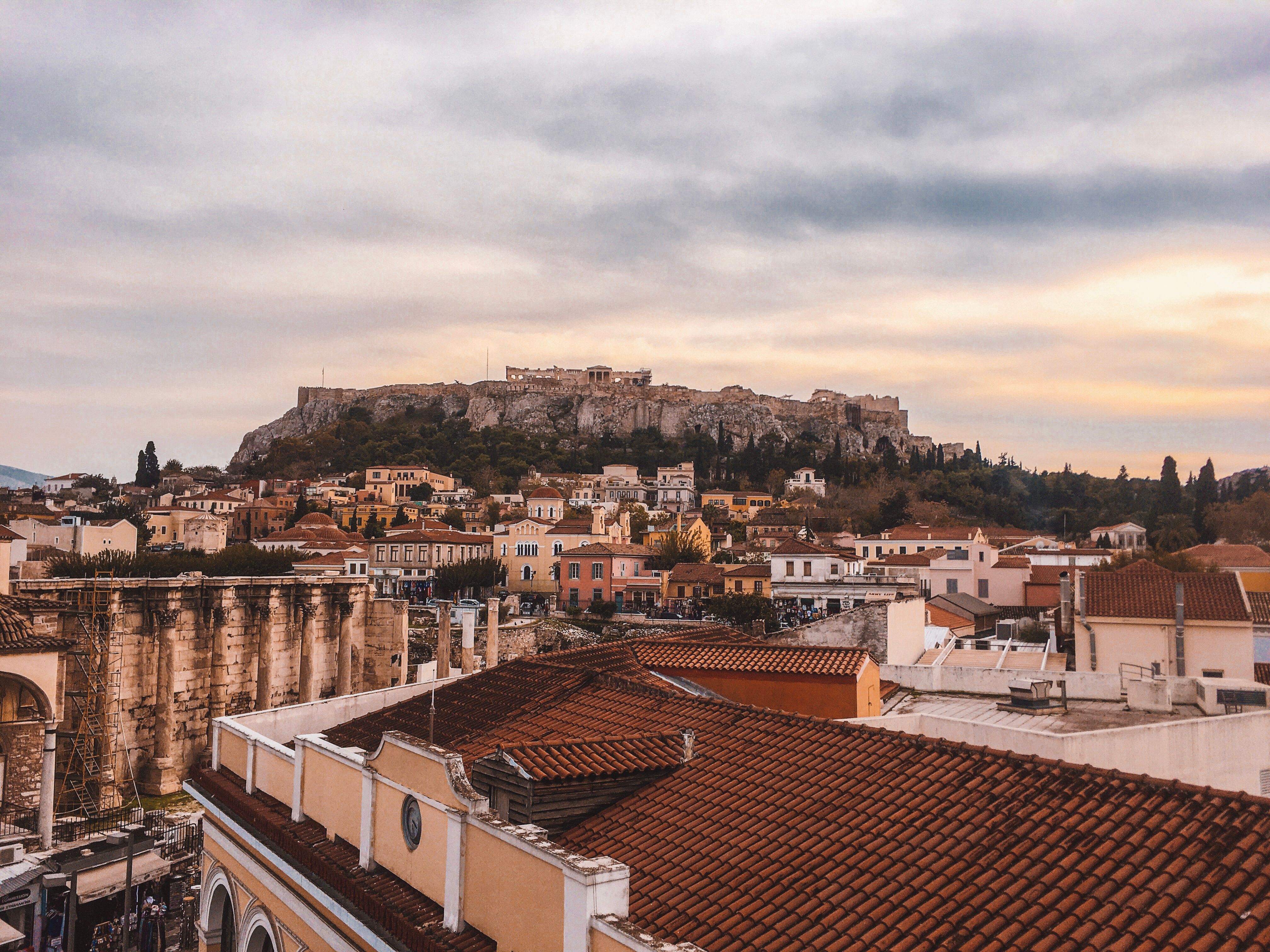 Plaka Athens restaurant evening Acropolis lit up