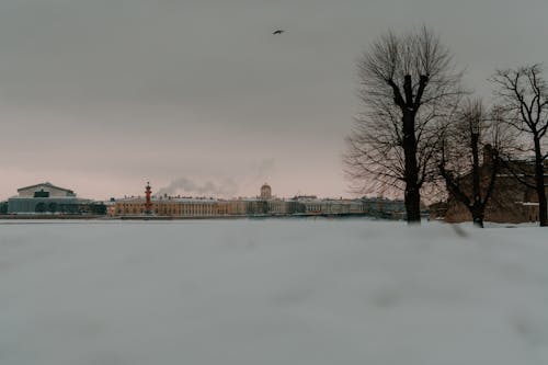 City in Winter with Frozen River 