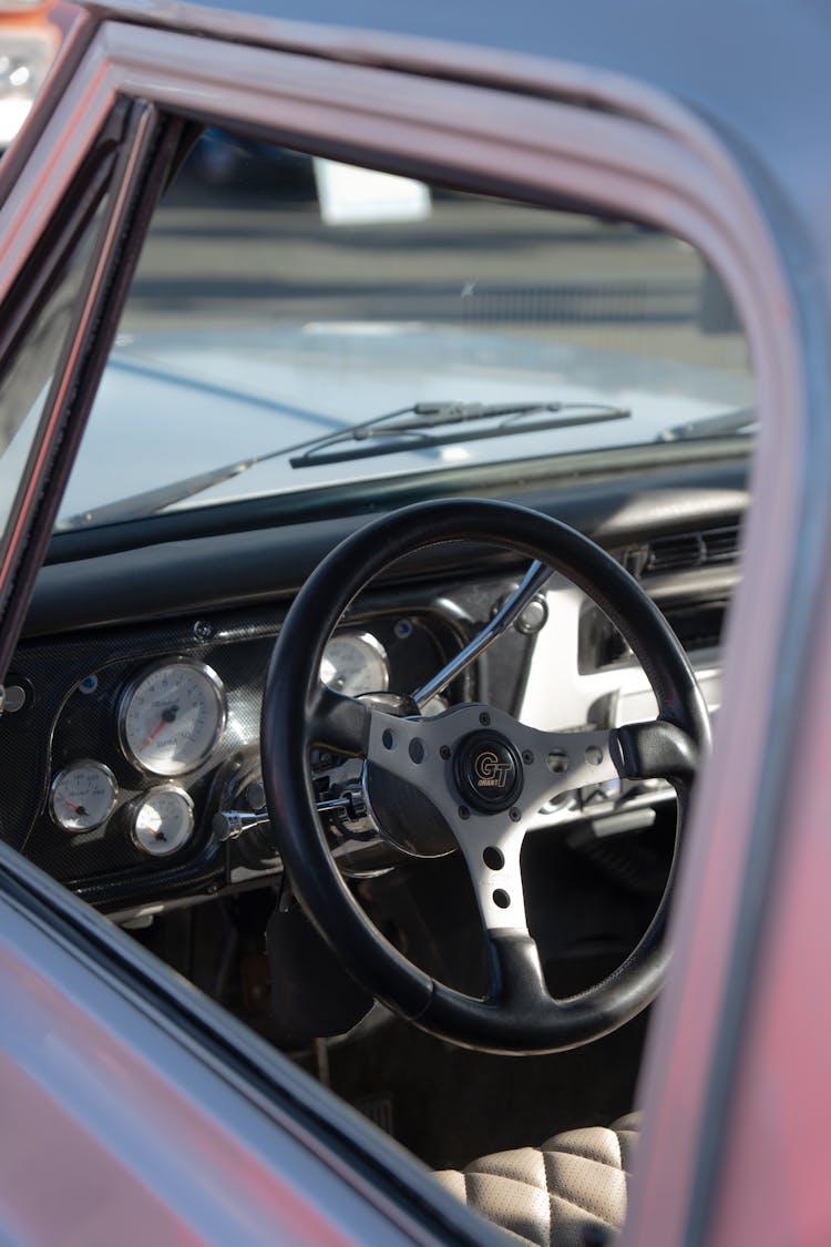 Steering Wheel In Vintage Car