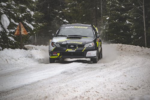 A Racing Car Moving on a Snow Covered Ground