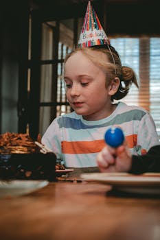 A young girl in a birthday hat celebrates with a chocolate cake at home.