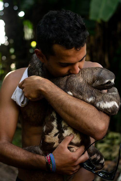 Shirtless Man Hugging Sloth