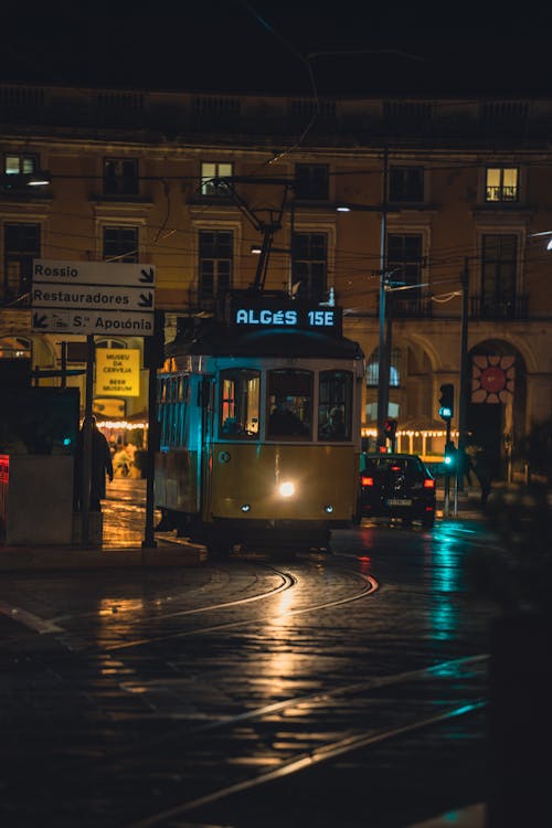 Free A Tram on the Street at Night Stock Photo
