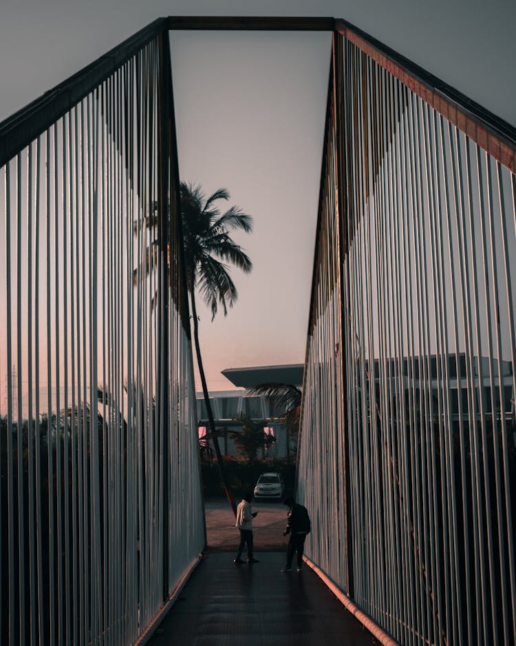 People Standing On A Bridge With High Guard Rails