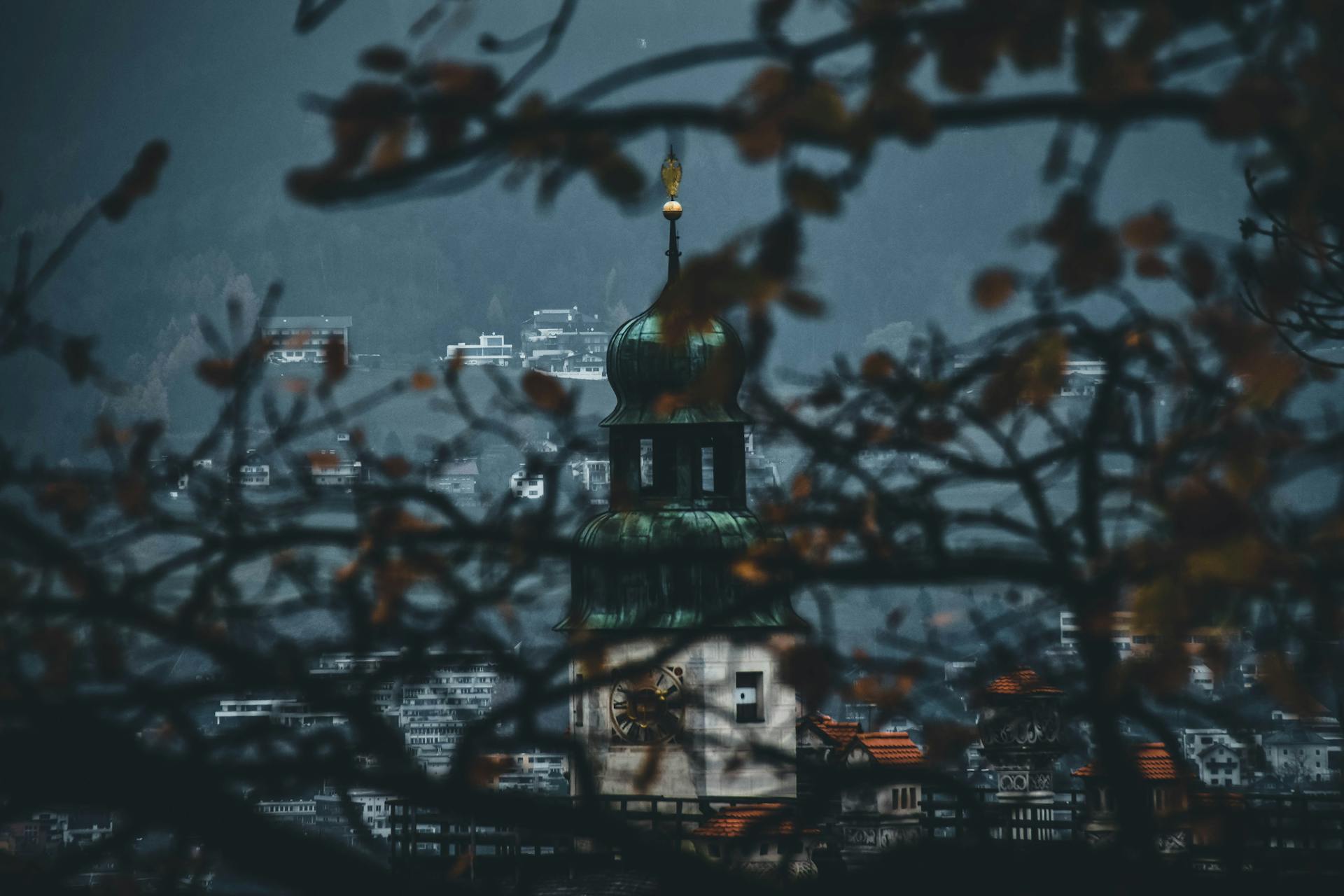 Moody view of Innsbruck cityscape framed by autumn branches, featuring a historic building.