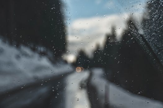 车窗上的雨点让白雪皑皑的森林道路显得模糊不清