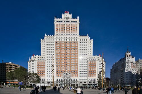 Free Stunning view of Hotel Riu Plaza Espana with vibrant city life in Madrid, Spain. Stock Photo