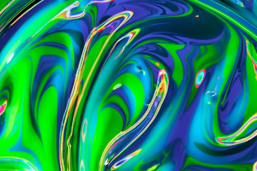 Bright and dynamic abstract acrylic painting featuring swirling green and blue patterns.