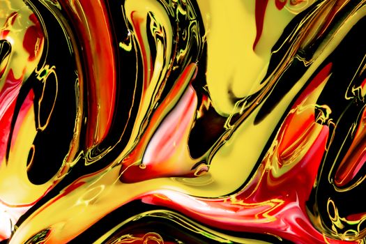 Dynamic abstract art with colorful acrylic paint swirls in red, yellow, and black.