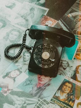 Retro rotary phone on a collage of Hollywood star posters evokes nostalgia.
