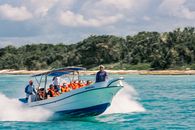 People Riding on White and Blue Boat on Sea