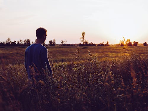 Homem De Moletom Azul No Meio Do Campo Durante O Pôr Do Sol