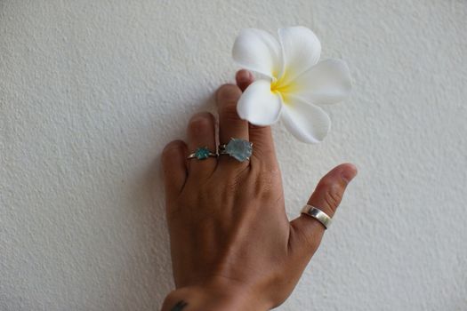 Close-up of a hand adorned with rings holding a delicate white flower against a textured wall.