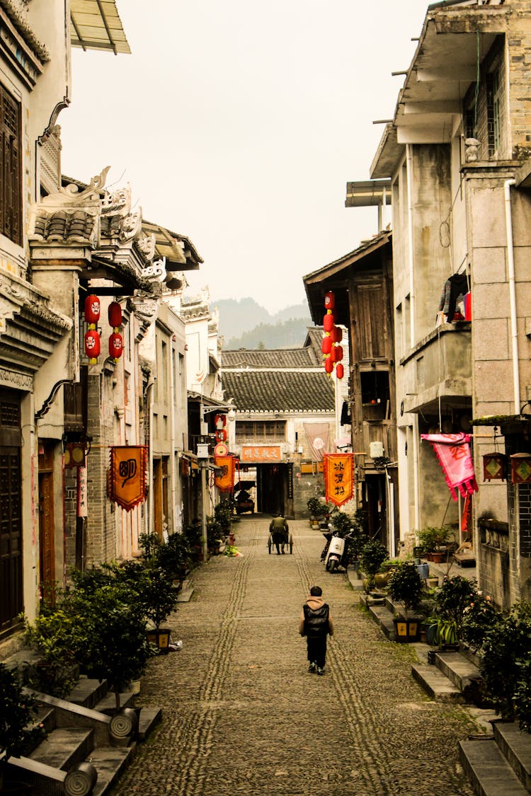 People Walking On Street Between Buildings