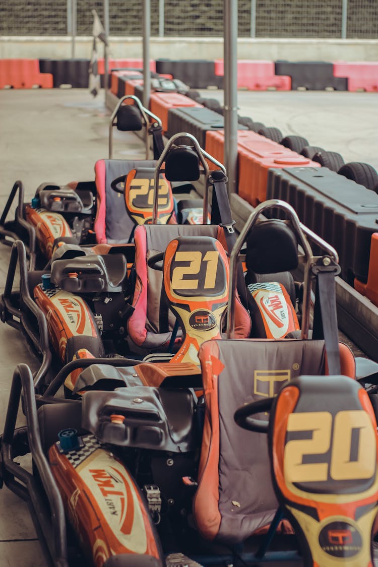 Go-Carts Standing In Line On Speedway