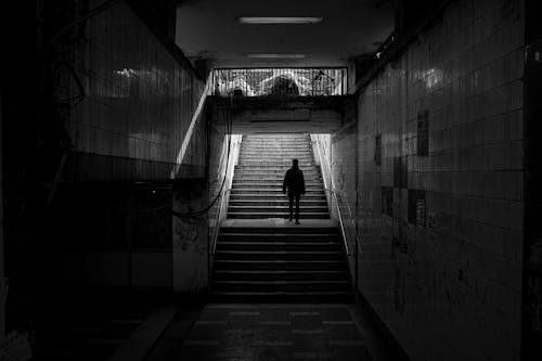 Silhouette of a Person Going Up the Stairs