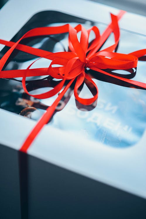 Red ribbon bow on a clear gift box containing a photo album.