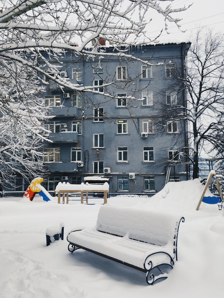 A Snow Covered Ground And Leafless Trees Near The Apartment Building