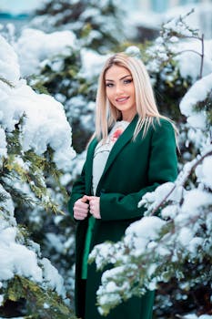 A woman with blonde hair smiling warmly in a snowy setting wearing a green coat.