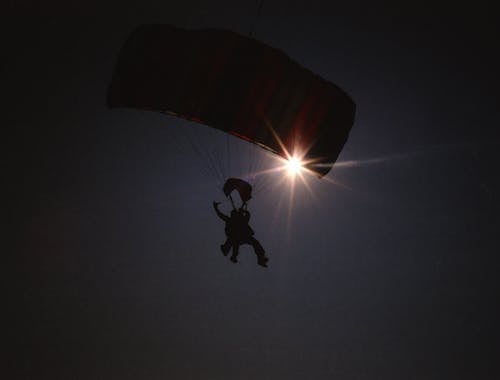 Low Angle Shot of Paragliding People Sulhouette, and Sun on Dark Sky