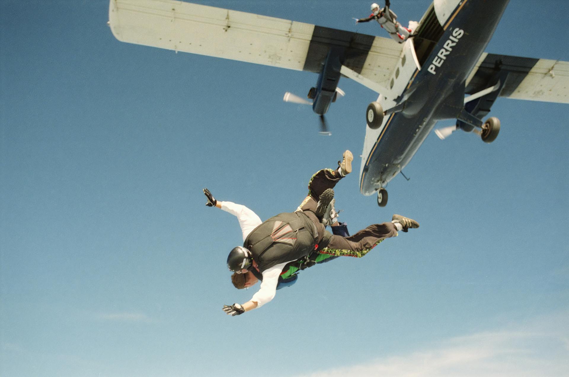 Thrilling skydivers freefall from an airplane above Baldwin, WI.