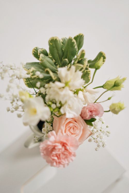 Free A delicate bouquet featuring pink roses, carnations, and green foliage. Perfect for spring decor. Stock Photo