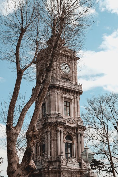 Free Dramatic view of a historic clock tower surrounded by bare trees against a blue sky with scattered clouds. Stock Photo