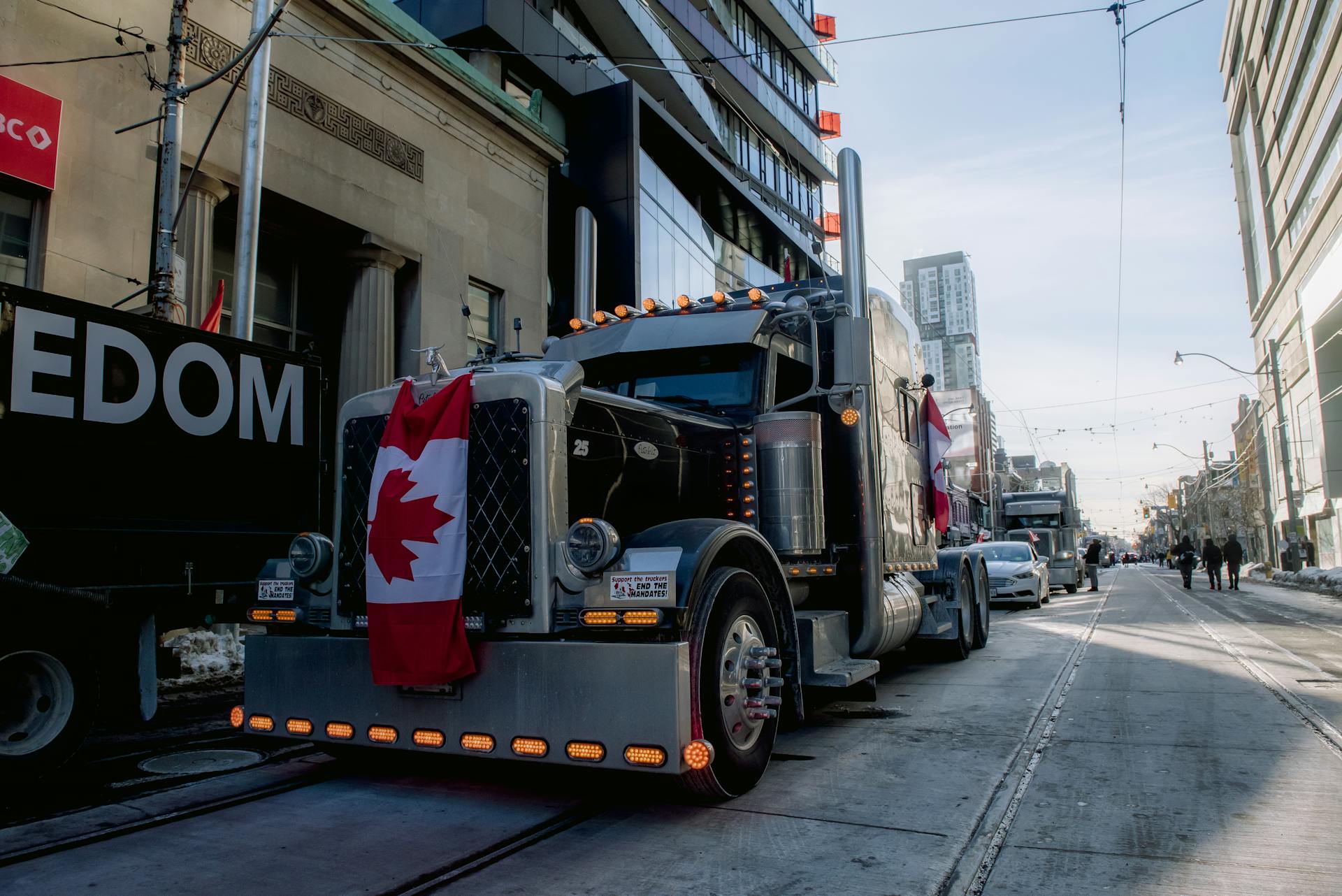 Truck with a Canadian Flag During the Truckers Freedom Convoy