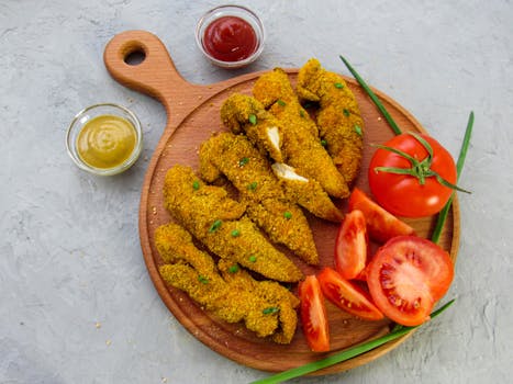 Delicious breaded chicken tenders served with fresh tomatoes and various sauces on a wooden board.