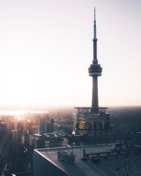 Stunning view of Toronto's skyline with CN Tower at sunrise.