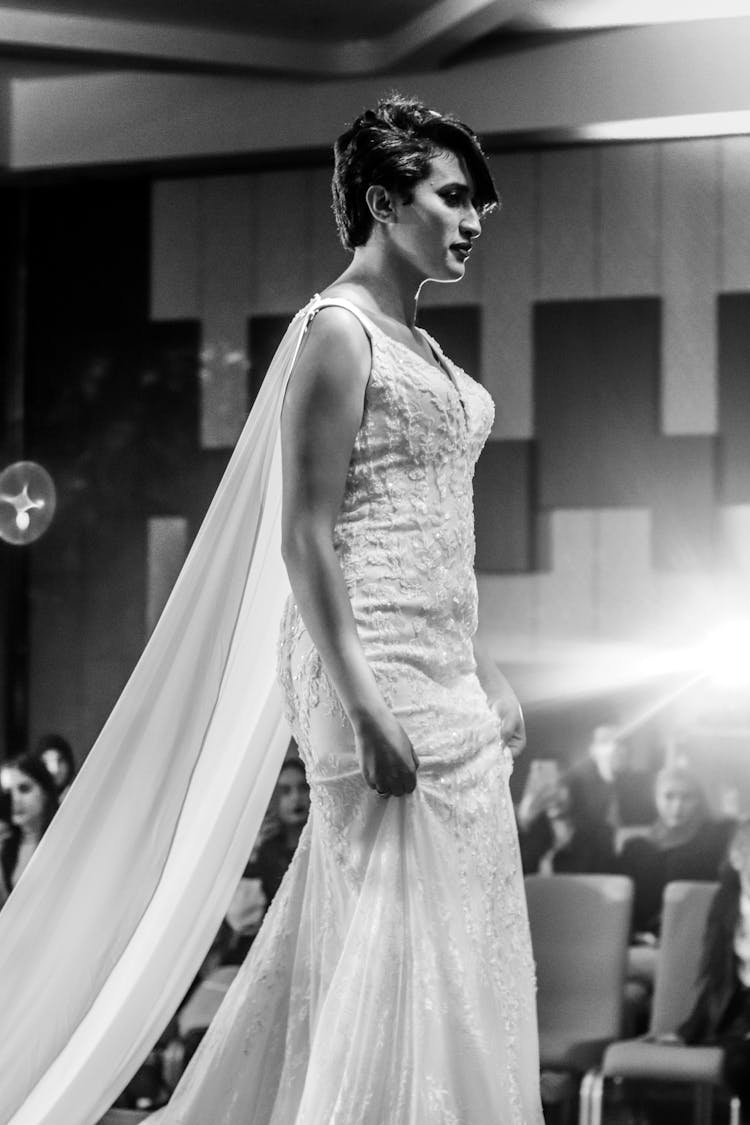 Woman In A Wedding Dress On A Fashion Show 