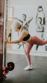 Fit woman working out with gym equipment indoors, promoting healthy lifestyle.