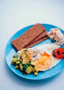 Tasty breakfast plate with eggs, avocado, and crispbread on a blue dish.