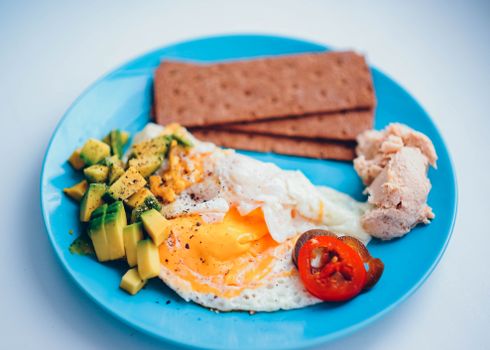 A vibrant breakfast plate with fried egg, avocado, crispbread, and chicken.