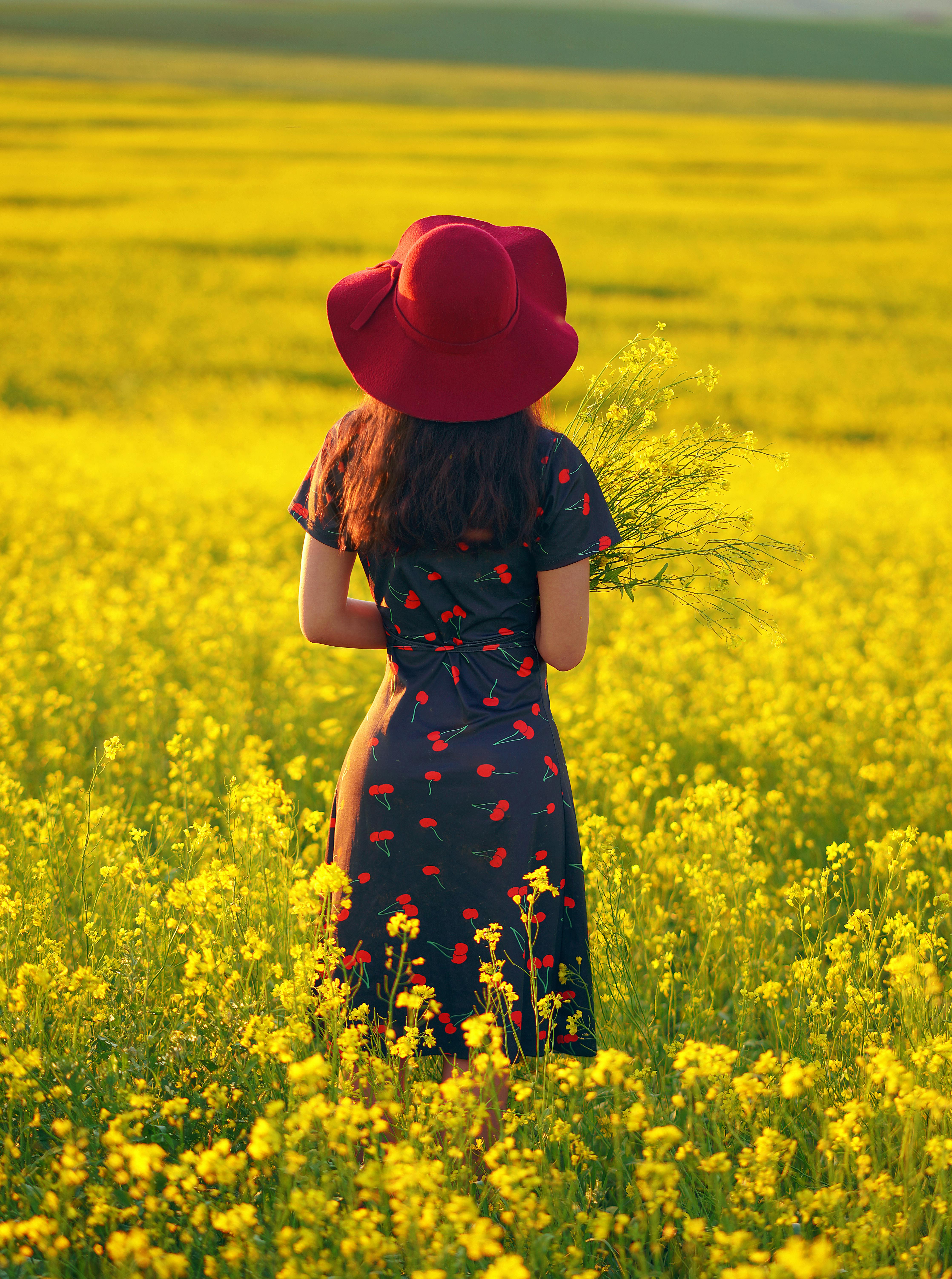 unrecognizable woman in red hat standing in meadow of yellow flowers