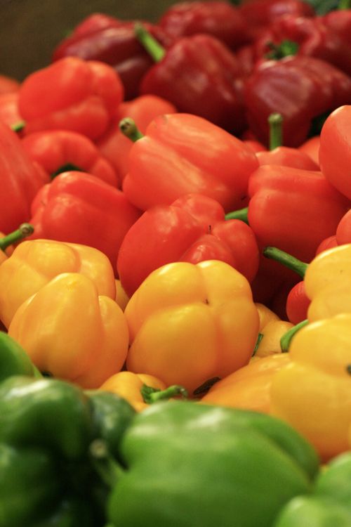 Free Fresh and vibrant selection of red, yellow, and green bell peppers at a market. Stock Photo