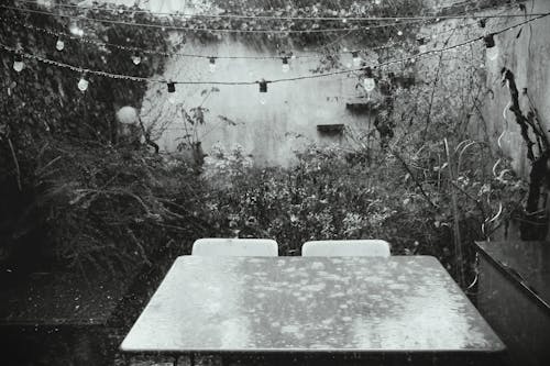 Grayscale Photo of Table with Chairs