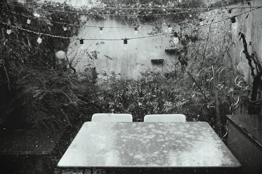 Black and white image of a rainy garden with a table and string lights above.