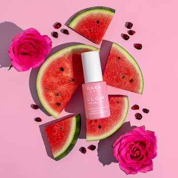 Top view of facial oil surrounded by watermelon slices, roses, and seeds on a pink background.